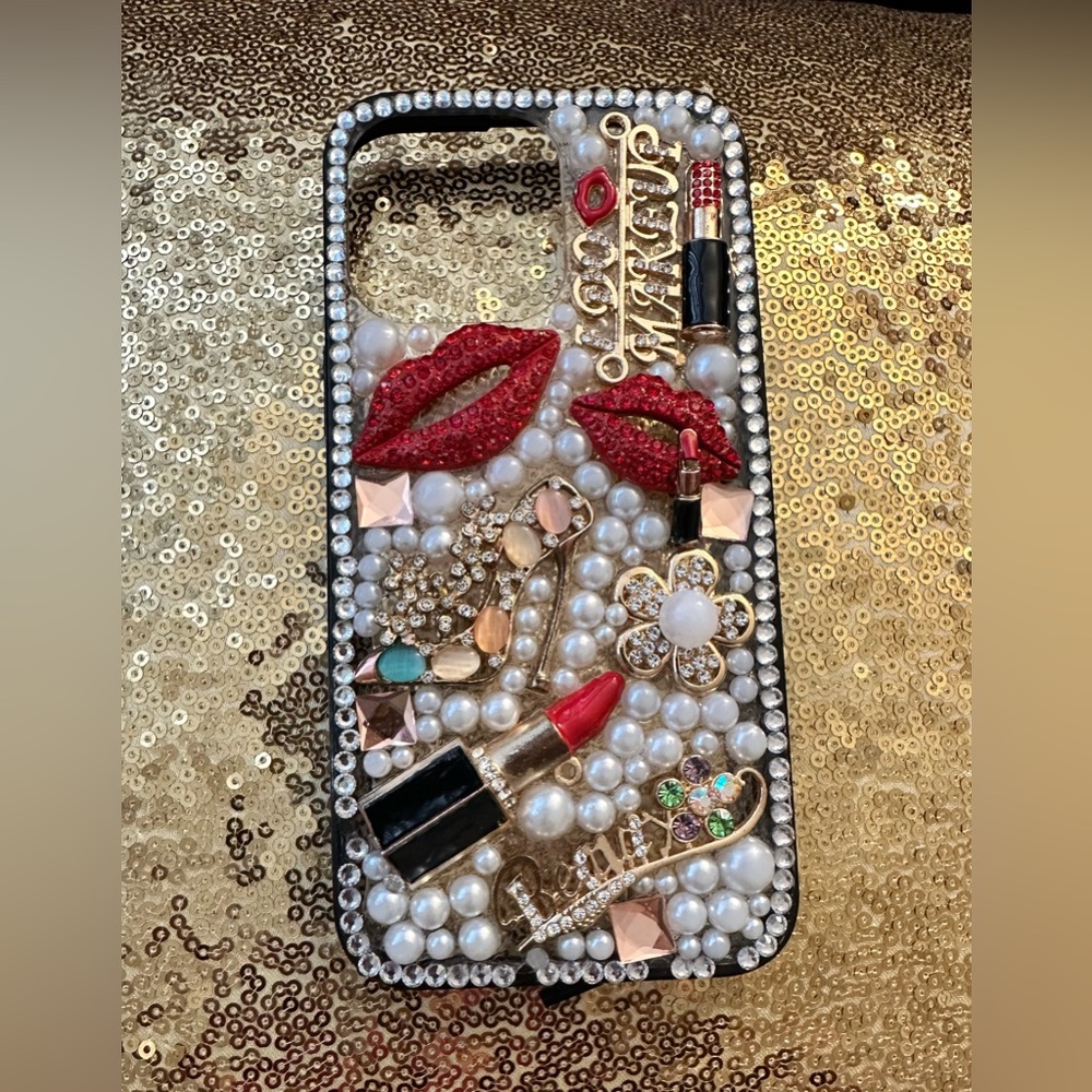 Glamorous Pearl and Gold Embellished Phone Case (iPhone 14 Max Pro)